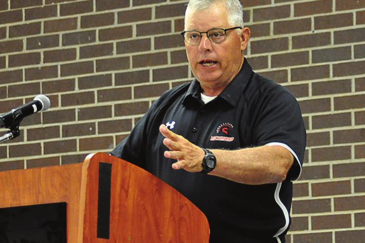 FORMER RICHMOND varsity coach Rob Bowers gives his induction speech June 5 as he enters the Spartan Athletic Hall of Fame at Richmond High School. SHAWN RONEY | Staff