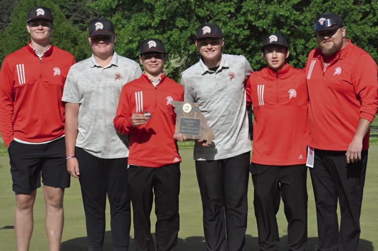 MEMBERS OF the Richmond boys golf team (from left) Brody Farnan, Amos Farnan, Latimer Cavanah, Isaac Kaylor and Logan Moyer, along with coach Brandon Rittmiller, enjoy their second-place finish at the Class 3 District 4 Tournament. SHAWN RONEY | Staff