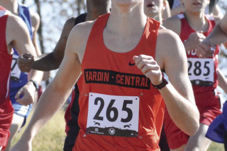 HARDIN-CENTRAL junior Drew Hawkins bolts downhill early in the Class 1 District 4 boys race Oct. 29 at Platte Ridge Park in Platte City. SHAWN RONEY | Staff