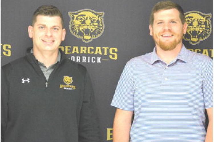 SHAWN RONEY | Staff SUPERINTENDENT SCOTT GUILKEY, left, and secondary school Principal John Haley are among the new faces this school year on the Orrick campus.