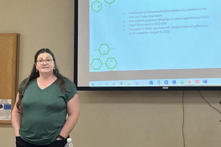 GUEST SPEAKER from Smithville Community In Action Jennifer Rhoads gives a presentation at the Ray County Coalition meeting about Missouri Amendment 3, which will be on the ballot Nov. 8. SOPHIA BALES | Staff