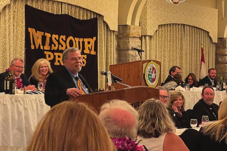 EXCELSIOR SPRINGS Standard and Richmond News Editor Jack “Miles” Ventimiglia is inducted into the Missouri Press Association’s Hall of Fame during the group’s convention Friday at The Elms, Excelsior Springs. BRIAN RICE | Publisher