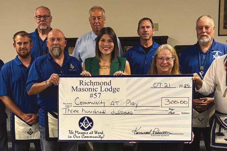 MEMBERS OF MASONIC LODGE #57 present a $300 donation to Special Needs Services of Ray County (SNS). The contribution supported SNS’s Community at Play hygiene drive, which aims to reduce bullying in schools by providing hygiene kits to students. The donation helped SNS surpass its goal, distributing 375 kits at the Back-to-School Supply Fair. Submitted