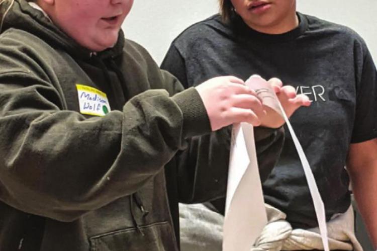 FROM THE FOLDER, Madison Wolf and Arielle Snyder pick paperwork.