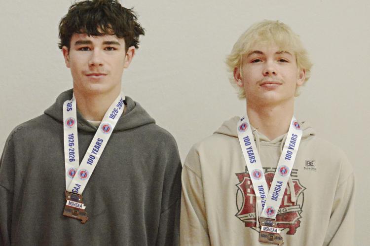 RICHMOND FRESHMAN Ryan Sharp (left) and senior Brady Hyder display their medals from the Class 2 state boys wrestling tournament. SHAWN RONEY | Staff