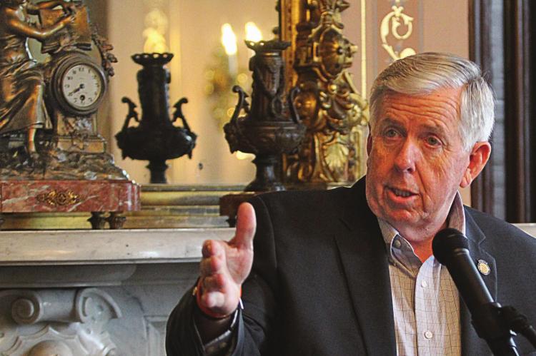 AT THE GOVERNOR’S MANSION in Jefferson City, Gov. Mike Parson answers questions about possible Medicaid expansion in Missouri. Despite studies to the contrary, Parson casts doubt on the idea that Medicaid expansion would save the state money. J.C. VENTIMIGLIA | Richmond News