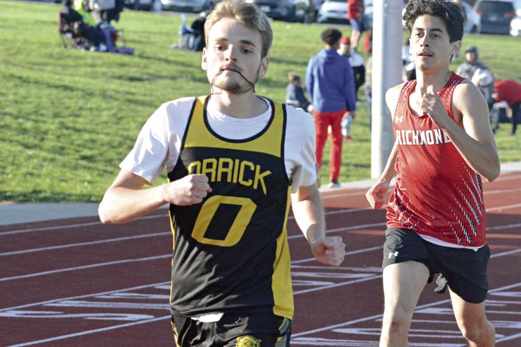 MASON KUSTERS, seen here running in April for Orrick at a meet in Carrollton, is moving on to run cross country and track at William Jewell College in Liberty. He plans to study communications at the private college. SHAWN RONEY | Staff
