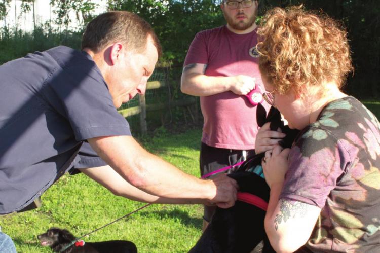 DR. JONATHAN RENFRO vaccinates Alyssa and Kris Allnutt’s dog, Finn, during the first day of the Annual Pet Clinic at Wiggly Field Dog Park. SOPHIA BALES | Staff