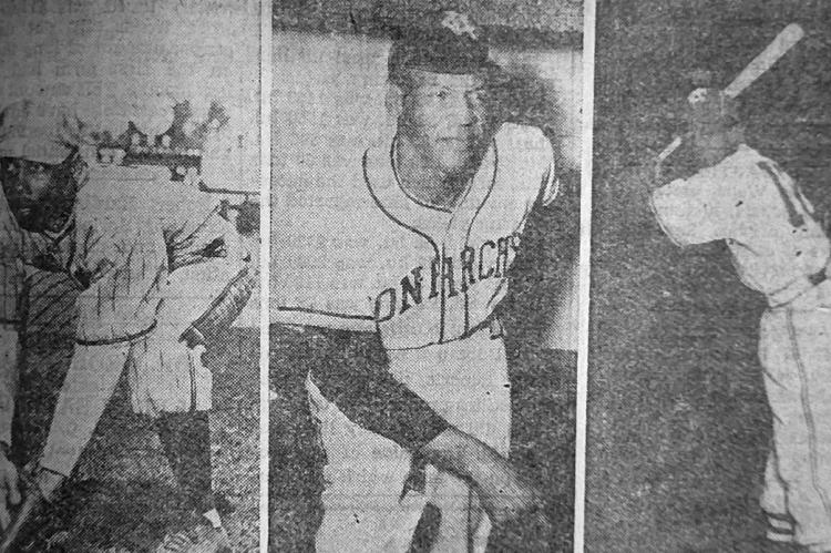 Herb Souell (3b) John O’Neil (Mgr) Elston Howard (lf) THIS TRIO OF MONARCH players were seen in action at the Legion Memorial Park playing the Richmond Red Sox. The Kansas City Monarchs were champions of the first half of the Negro American League.