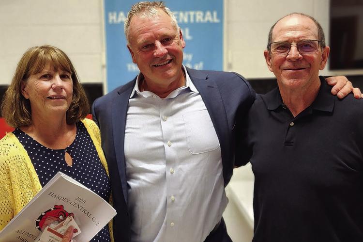 KATHY (FROM LEFT) and Coach Gary O’Neal share memories of Hardin-Central with Billy Warren. Submitted
