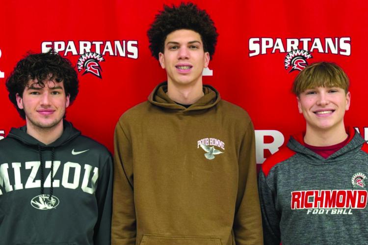 TANNER BROWN (from left), Gabriel Johnson and Tristin McCoy are candidates for RHS Mat/Court Warming king, with coronation Friday between basketball games. Submitted