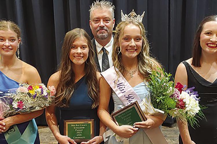 MISS RAY COUNTY contestants celebrate their achievements. Isabelle Dooley (from left) was named first alternate and awarded a $1,000 scholarship and Grace Bozarth earned Miss Congeniality and a $700 scholarship. Pageant winner Ava Briegel also received the People’s Choice title and a $3,000 scholarship, while Alaina Quick was awarded a $700 scholarship. Submitted