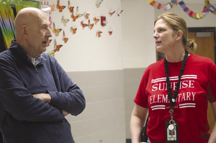 STATE REP. TERRY THOMPSON meets with Sunrise Elementary Principal Sara Terrill while visiting the school to hear about concerns and priorities impacting students and staff. SHARON DONAT | Staff