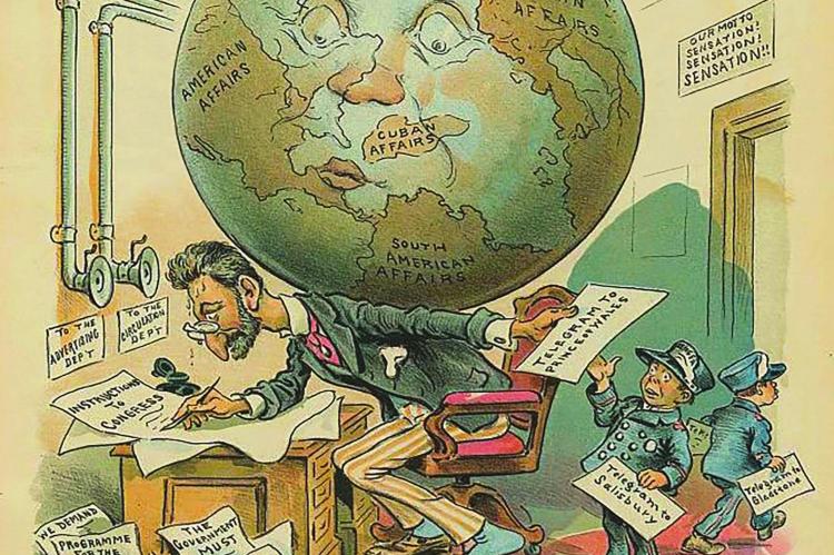 CALLED “Atlas Joe” or “The Fearful Responsibilities of a Self-Appointed Manager of the Universe,” this Puck Magazine cartoon dating to 1896 pokes fun at a journalism icon, Joseph Pulitzer. The sign over the door at right states, “Our Motto – Sensation! Sensation! Sensation!!” PUCK MAGAZINE, 1896 | Library of Congress