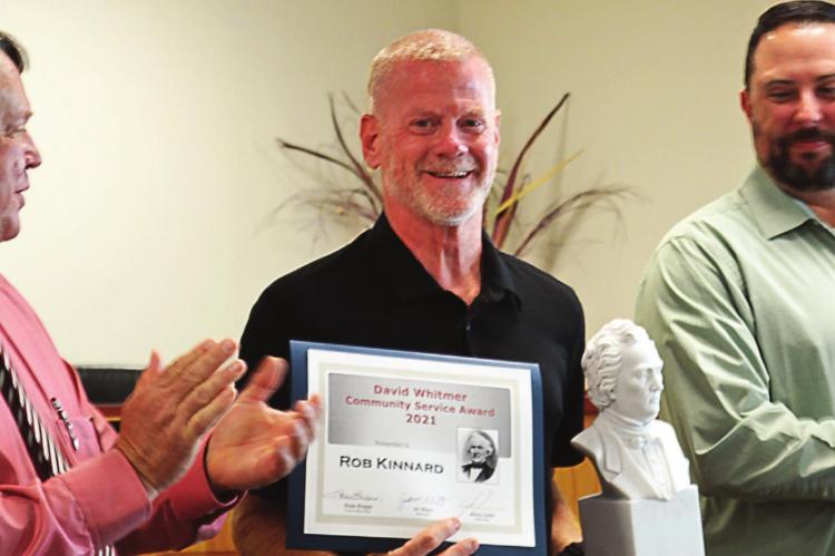FROM LEFT are Mayor Mike Wright, 2021 David Whitmer Community Service Award recipient Rob Kinnard and 2020 award recipient Jimmy Carter.