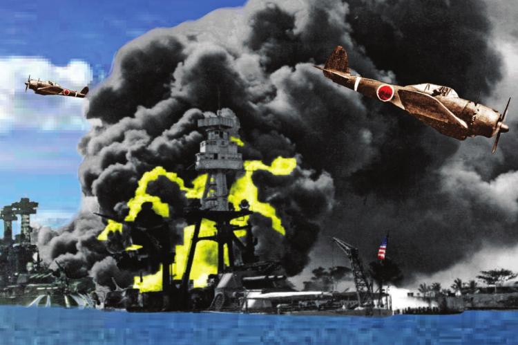 THIS DEPICTION of the Pearl Harbor attack, created from photographs and colorized, shows the USS Tennessee, left, using hoses to push away oil after the USS Arizona is struck by Japanese war planes and left spewing flames and smoke against the blue Hawaiian sky. Fire raged more than two days. J.C. VENTIMIGLIA | Staff