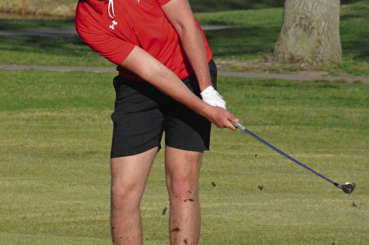 SENIOR JACK GOGUE stirs up tufts of fairway as he hits a chip shot late in Tuesday’s triangular with Lexington and Carrollton at Shirkey Golf Course. SHAWN RONEY | Staff