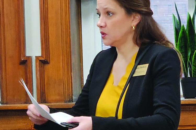 MU EXTENSION REGIONAL DIRECTOR Stacey Steffens presents budget materials while discussing MU Extension services with county officials. MIRANDA JAMISON | Staff