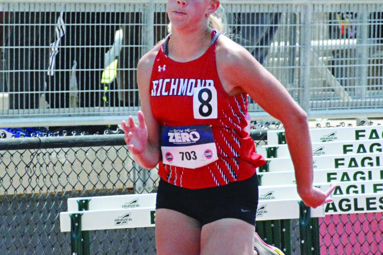 KAYLEE PUGH pushes herself during the finals of the girls 100-meter dash May 27 at the Class 3 state track and field meet at Jefferson City High School. Pugh, who recently finished her junior year, finishes eighth. SHAWN RONEY | Staff