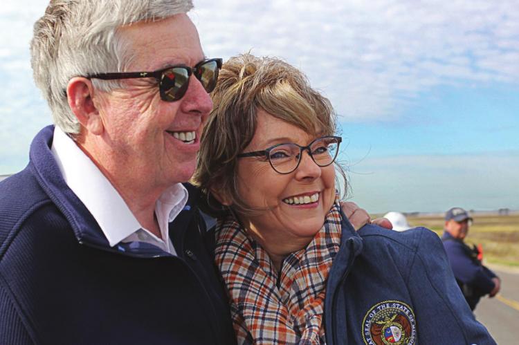 J.C. VENTIMIGLIA | Staff DURING an inspection of the Route J bridge in October, Gov. Mike Parson stands with Rep. state Peggy McGaugh.