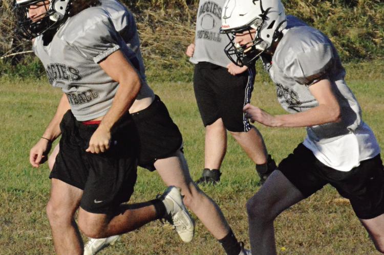 DENVER DOUGLAS (No. 30) and Kaden McGinnis (No. 7) are among the NHC skill position players running wind sprints Monday at Hardin-Central. SHAWN RONEY | Staff