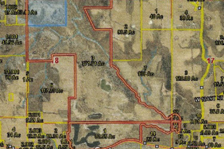 THE ORANGE OUTLINE is the Ray Rocks Offroad Resort land. Circled in red was the nearly 20 acres which was the Submitted topic of the past Ray County Commissioners meeting.