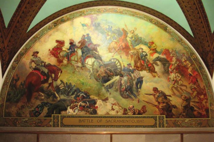 THIS MURAL inside the Missouri State Capitol depicts the Battle of Sacramento, where Alexander Doniphan led men from Ray and Clay counties to victory. Earlier in his career, he led militia members during the socalled Mormon War, but when militia members called for executing Joseph Smith, Doniphan saved him.