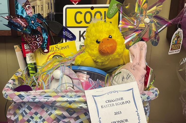 THE BASKET FROM Harps Foods is wrapped up with a chocolate Easter bunny, fillled eggs and more. The basket below, filled with fun pinwheels and a butterfly net, is sponsored by Bridge of Hope.