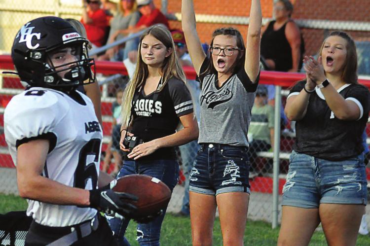 HEATH FERGUSON draws cheers while scoring a touchdown during Norborne Hardin-Central’s preseason jamboree with three other 8-man football programs Aug. 20 at Braymer. SHAWN RONEY | Staff