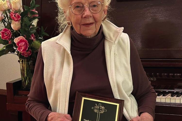 BARBARA FOSTER is recognized by members of Morton Union Church for 75 years of dedicated service, playing the piano for services since age 16. Submitted