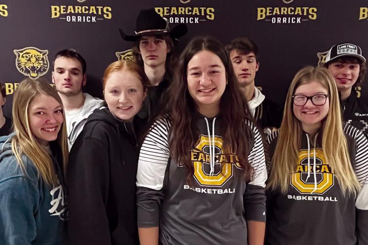 ORRICK HIGH SCHOOL COURT WARMING is set for about 7 p.m. Feb. 10 in the Orrick High gymnasium. Candidates are: back row, from left, Logan Smith, Hunter Spear, Zander Stevinson, Luke Smith, Mason Kusters and Alan Atkins; front row, Elana Boude, Kaitlin Leader, Maddie Norton, Natalie Williams, Jasmine Evans and Keianna Cook. SOPHIA BALES | Staff