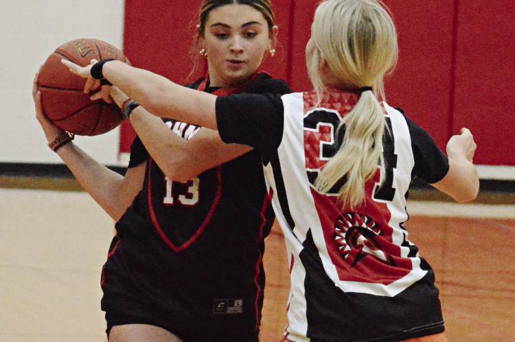 EMMA HASH (No. 13) shields the ball from Ella Steele during a Richmond girls basketball practice Nov. 6 at Sunrise Middle School.