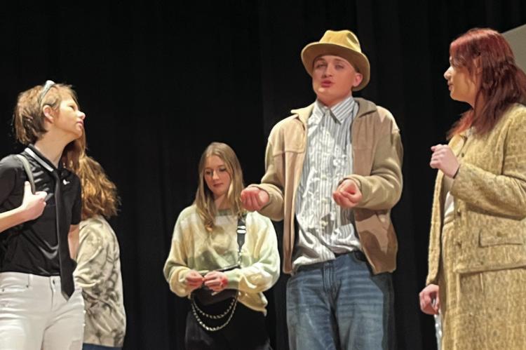 FROM LEFT, EVE TOMPKINS, JAZLIN JAMESON, Hannah Hays, Jazspher Ulleberg, Ally Fisher and Rori Linder star in “ 12 Incompetent Jurors” by Ian McWethy. The local high schoolers have been working hard, said theater teacher Shari Donaldson. SOPHIA BALES | Staff