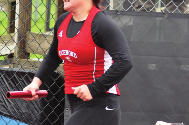 MACKENZEY PEACH pushes herself during her leg of the girls 800-meter relay in Class 3 Sectional 4 competition May 22 at Odessa. The postseason ends for Peach and her Richmond relay teammates, who are pleased with their season. SHAWN RONEY | Staff