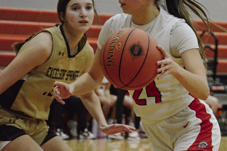 RICHMOND SOPHOMORE Brylee Castilleja (right) attempts to drive past Reese Ryan of Excelsior Springs in Class 4 District 14 girls basketball action. SHAWN RONEY | Staff