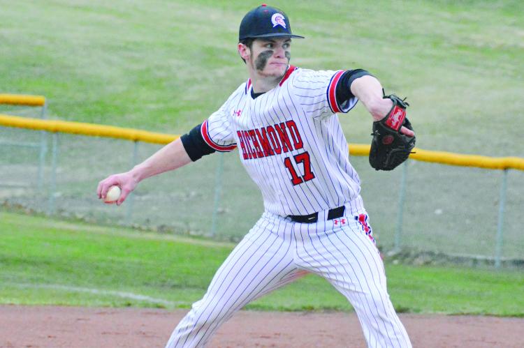 SENIOR BRYCE WAGNER, seen here facing Lafayette County of Higginsville March 30 at Southview Park, is among a trio of Richmond pitchers who’ve thrown well this season, according to Richmond varsity baseball coach Nick Persell. SHAWN RONEY | Staff