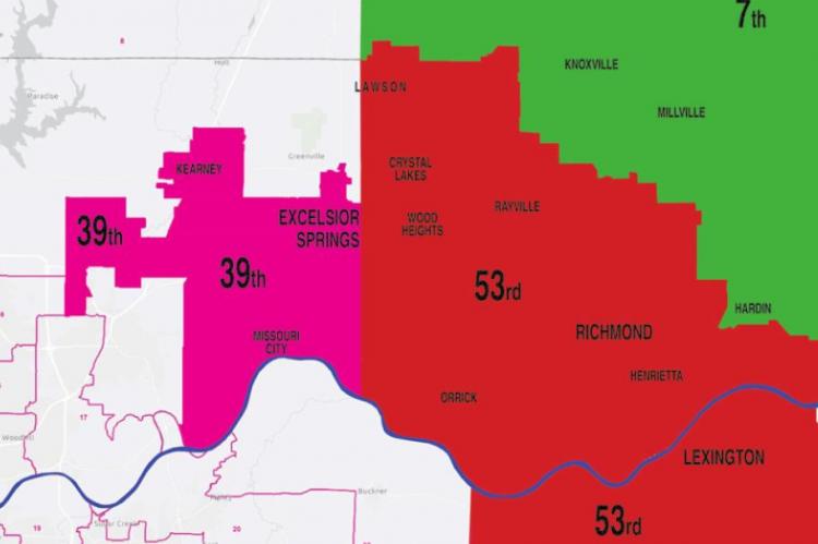 RAY COUNTY CLERK Glenda Powell starts work to get voters in the right legislative districts before Gov. Mike Parson receives the eventual, approved map last week from the General Assembly. She says her office started the work because she knew there would not be enough time if she, like lawmakers, had waited until the last minute. This map shows the new Missouri House boundaries for Ray County.