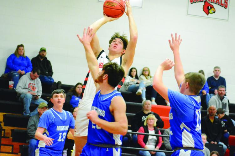 HARDIN-CENTRAL junior Jesse Doyle goes up for a first-half jump shot during the Bulldogs’ 69-50 Dec. 1 home win over Tri-County, a Jamesport-based public school. SHAWN RONEY | Staff