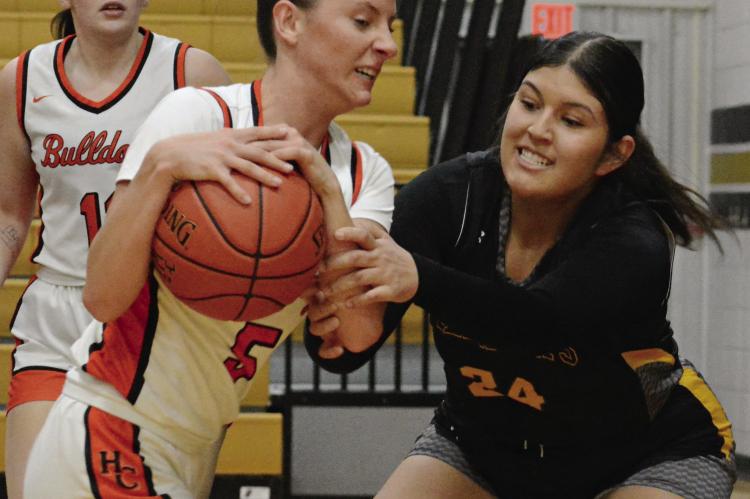 SENIOR ESTER KINCAID (front, left), shown during district play, is taking her basketball skills from Hardin-Central to the University of St. Mary in Leavenworth, Kan. SHAWN RONEY | Staff