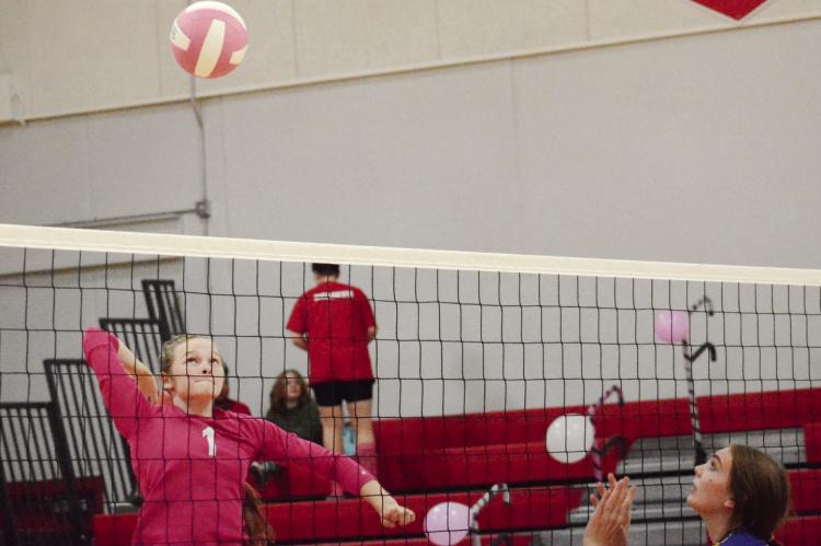 SPORTING HER dark pink jersey, Richmond senior Kelly Jaggars rears back to hit Tuesday night against visiting Lafayette County of Higginsville.
