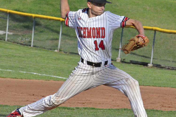 WESTON ALLEN bears down during Richmond’s 13-3 week-opening loss to Holden. The Missouri River Valley Conference-East Division defeat kicks off a four-game homestand, which includes divisional meetings with Knob Noster Tuesday and Lexington Thursday.
