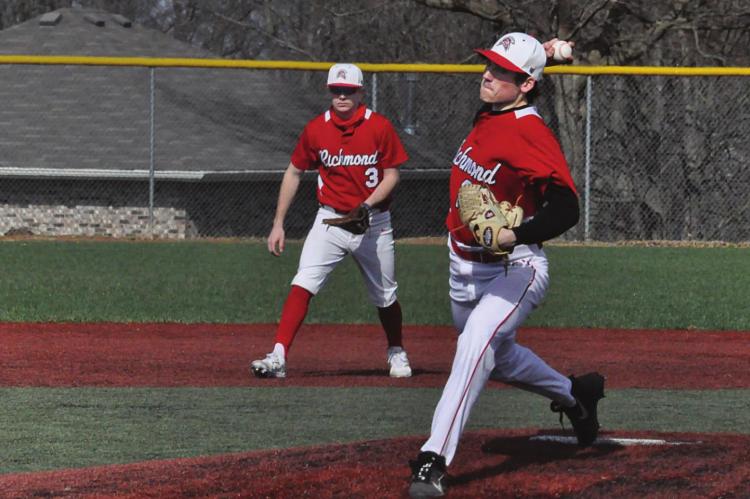 FRESHMAN PITCHER Jagger Shepard rears back to pitch during Richmond’s March 27 meeting with Lexington/Norborne in tournament play at Odessa. SHAWN RONEY | Staff