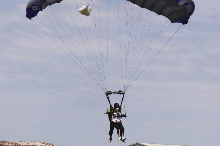 MARK JOHNSON with his instructor coming in for a landing at Noah’s Ark Airport in Kansas City. SHARON DONAT | Staff