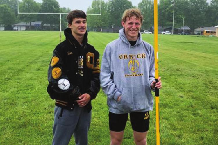 ZANDER STEVINSON, left, and Blake Buchanan will represent Orrick Saturday at Class 1 state track and field competition in Jefferson City. ORRICK SCHOOL DISTRICT