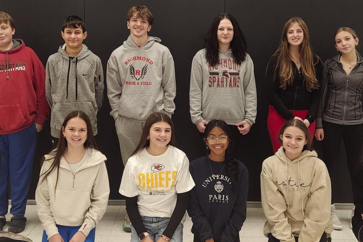 STUDENTS AT RICHMOND Middle School achieving perfect attendance during the first semester include Liam Littrell(front row, from left), Hadley Burgee, Harper Hockemier, Erianna Elegino, Melody Gardner and Zyri Myers; back row, Tyson Sharp, Dallas Hurst, Trycen McCoy, Avery Logsdon, London Calvert and Millie Niemeier. Not Pictured Kinley Suha, Madison Clevenger, Kane Staley and Tekoa Pruitt. Submitted
