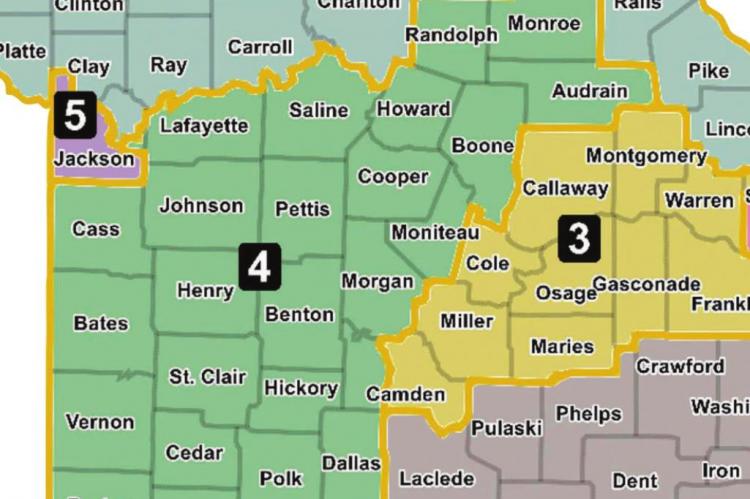 APPROVED by the Missouri House Special Committee on Redistricting, this map shows Ray County is entirely in the 6th Congressional District. Clay County is mostly in the 6th District, but the southwest part of the county is in the 5th District.