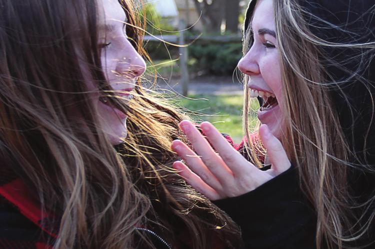 WHILE WAITING to operate the cake walk, 16-year-olds Haley Firth and Alyssa Caldwell share a laugh. J.C. VENTIMIGLIA | Staff