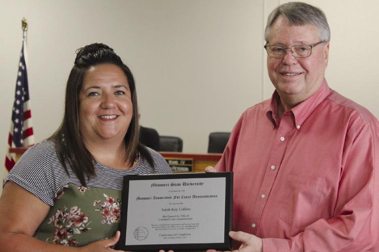 RICHMOND COURT CLERK Sarah Collins (left) is recognized by Mayor Mike Wright for earning her court administrator certification and appointment as Region Six Director. SHARON DONAT | Staff