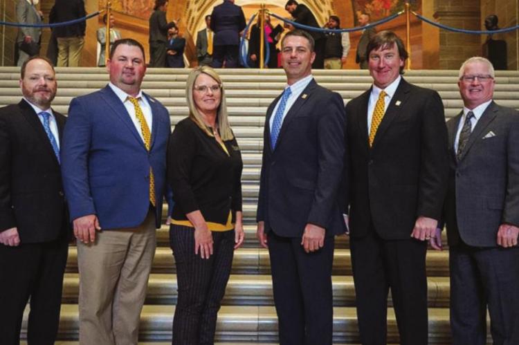 MISSOURI SOYBEAN ASSOCIATION leaders include, from left, Gary Wheeler, Missouri Soybean CEO/executive director; Cody Brock, treasurer; Renee Fordyce, vice president; Matt Wright, president; Peter Rost Jr., secretary; and Ray County’s Ronnie Russell, past president.