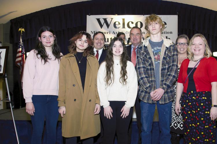 FROM LEFT, CHLOEE HACHMAN, Julia Sayegh, Lt. Gov. Mike Kehoe, Hannah Adams, Secretary of State Jay Nixon, Gunner Smith, Missouri Art Education Association President Kim Powell and Orrick art teacher Cassie Smith are ready to tour the art show. CASSIE SMITH | Submitted